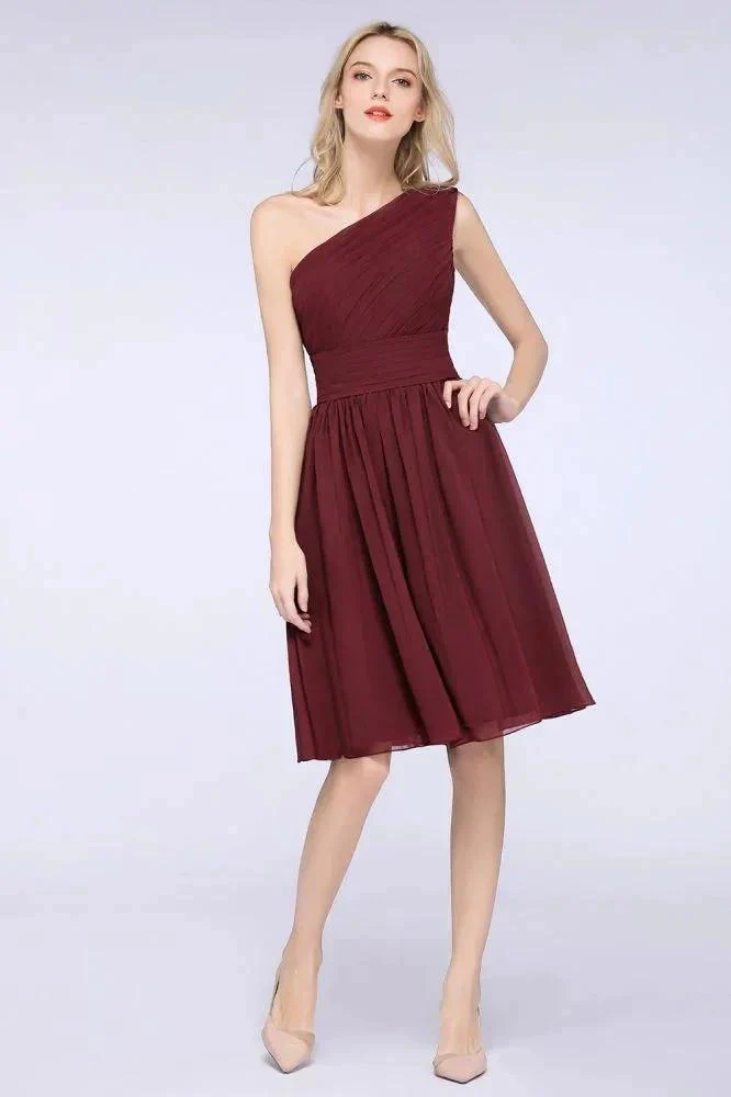 One-Shoulder Sleeveless Knee-Length Bridesmaid Dress with Ruffles Formal Party Dress - Image 7