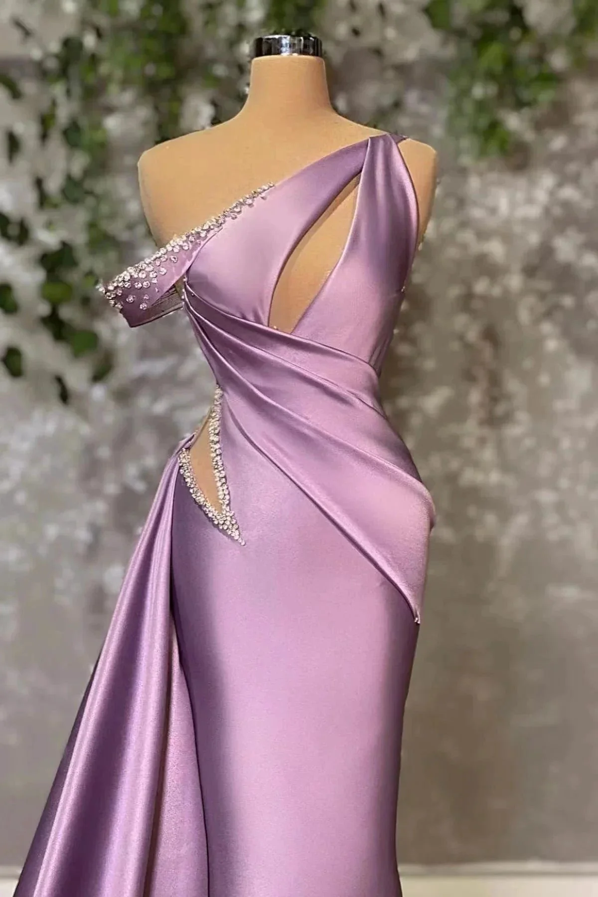 One Shoulder Sleeveless Lilac Mermaid Stain Prom Dress - Image 2
