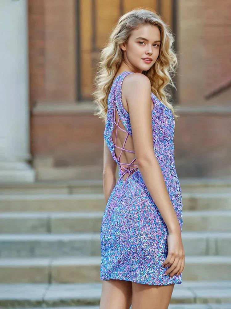 One Shoulder Sleeveless Sequin Homecoming Dresses - Image 2