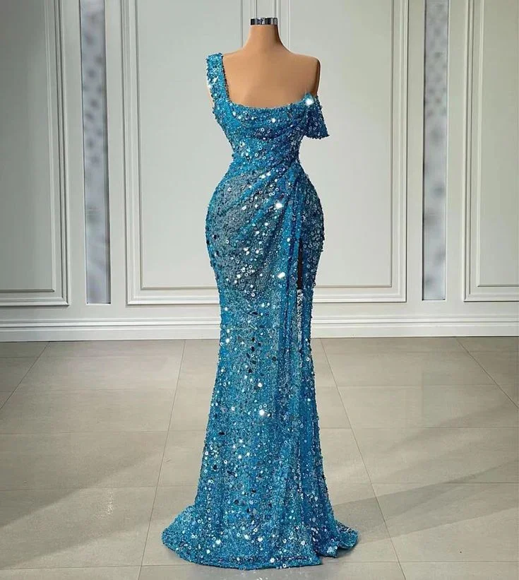 One Shoulder Sparkly Evening Dress Long Mermaid Blue Sexy Formal Dress Y6112 - Image 2
