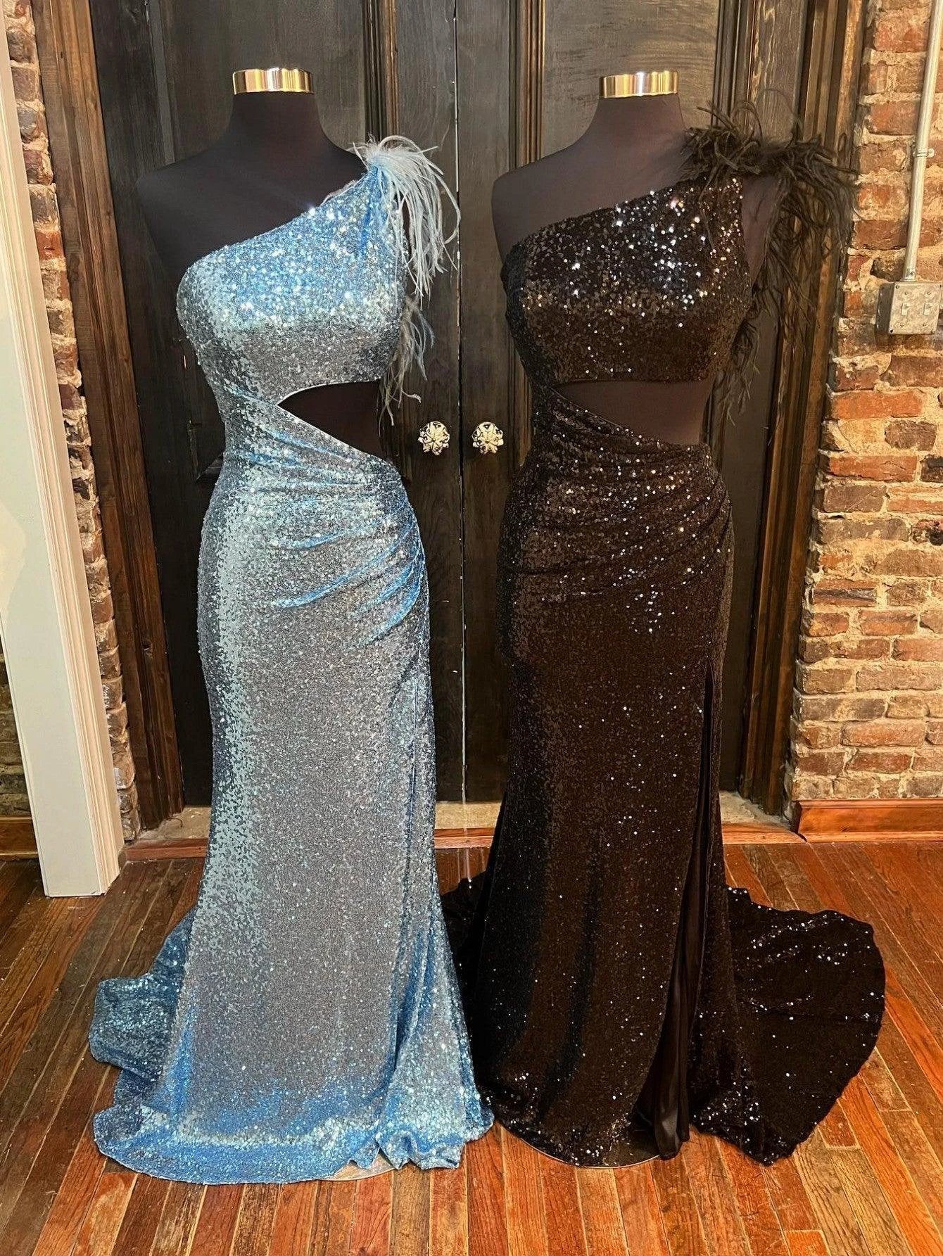 One Shoulder Sparkly Unique Black Mermaid Prom Dress - Image 5