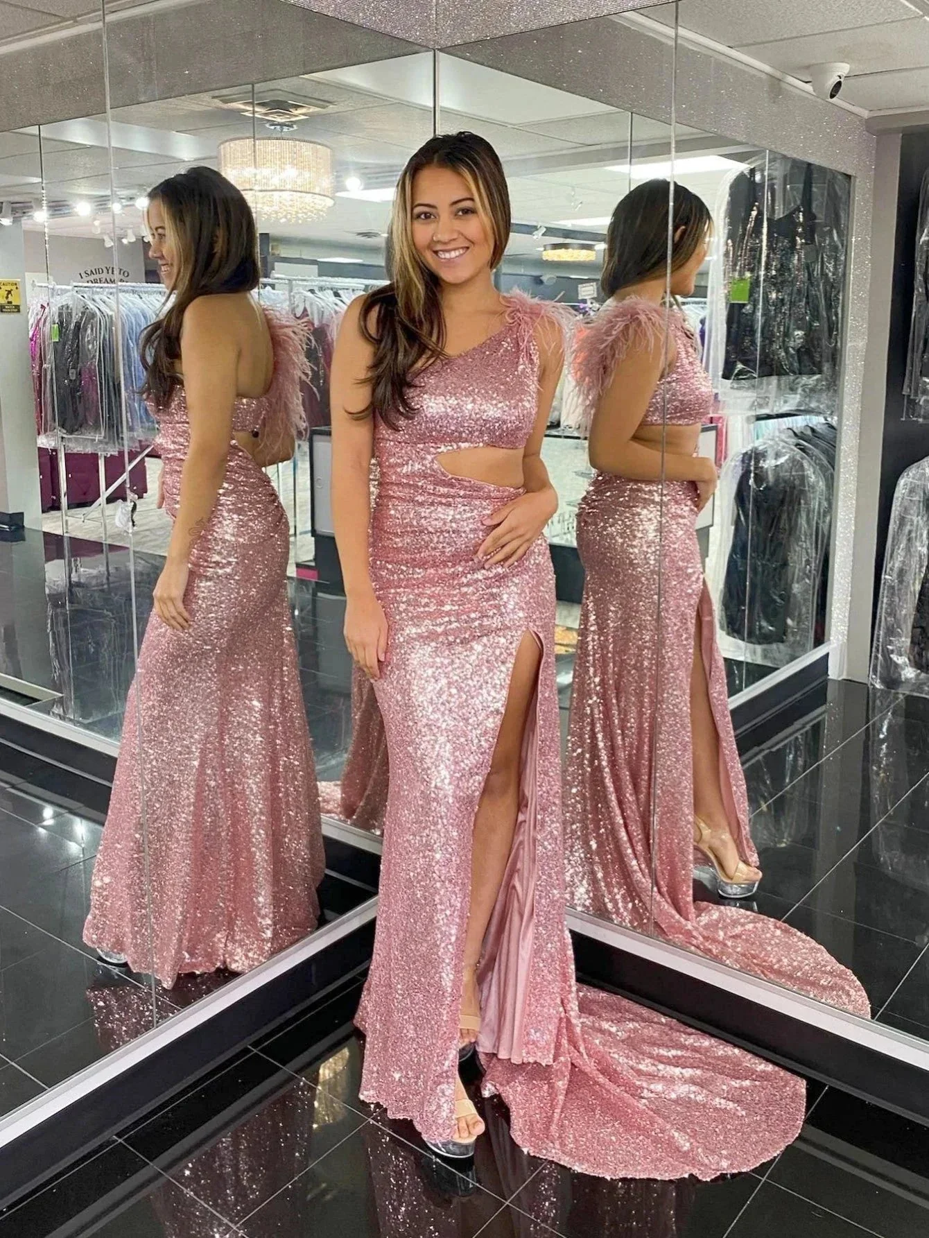 One Shoulder Sparkly Unique Black Mermaid Prom Dress - Image 7