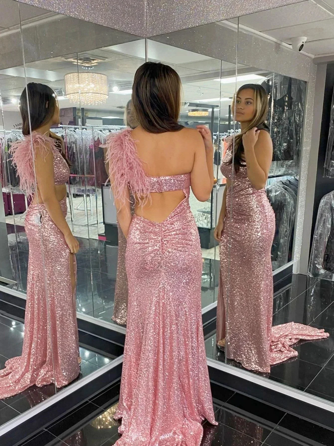 One Shoulder Sparkly Unique Black Mermaid Prom Dress - Image 8