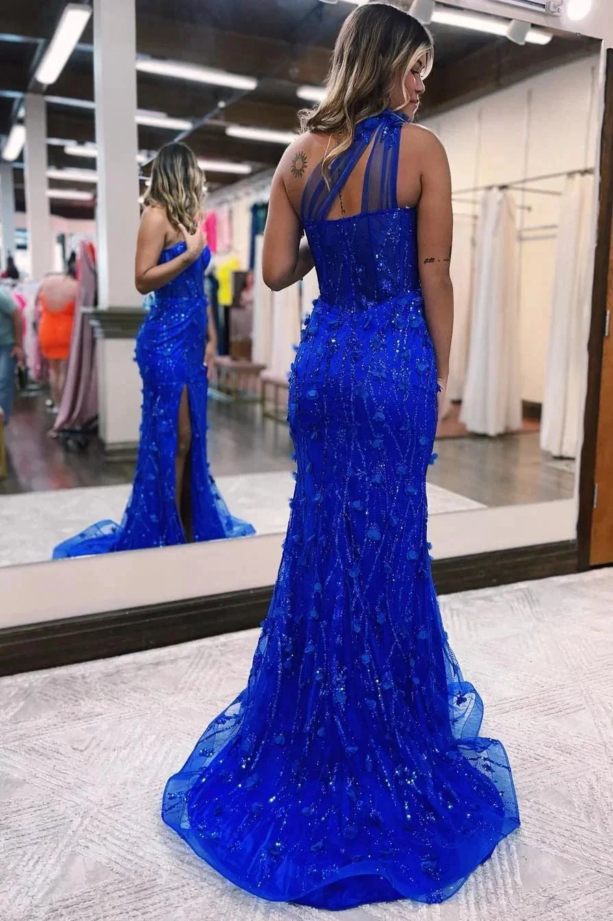 One Shoulder Split Front Mermaid Tulle Prom Dress with Applique Beadings - Image 2