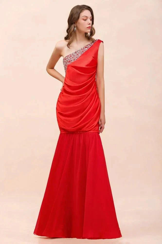 One Shoulder Strech Satin Red Ruffle Bridesmaid Dress Floor Length/Mini Party Dress - Image 2