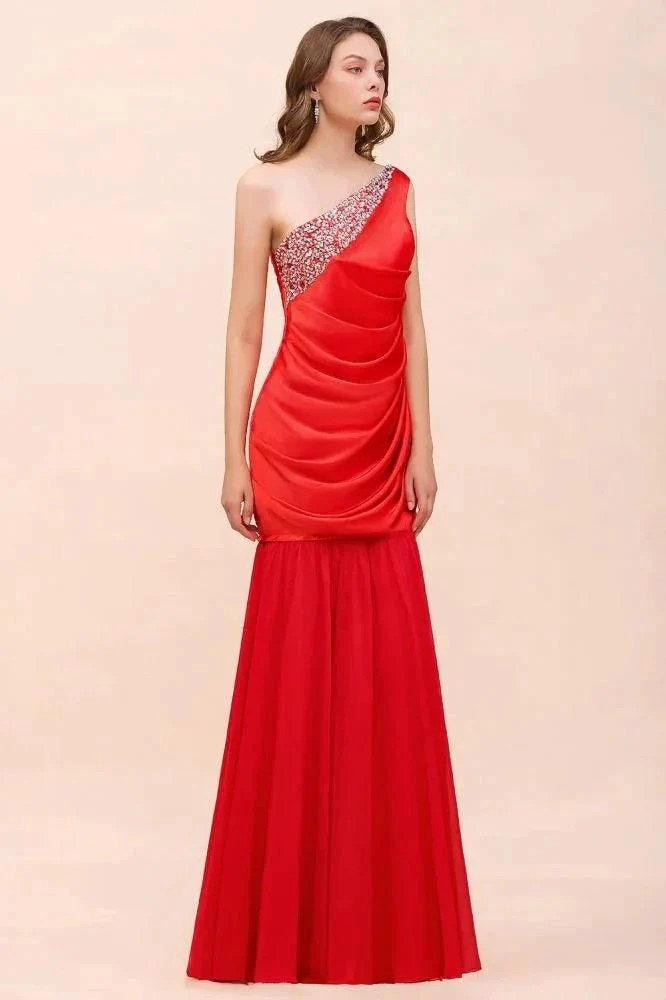One Shoulder Strech Satin Red Ruffle Bridesmaid Dress Floor Length/Mini Party Dress - Image 3