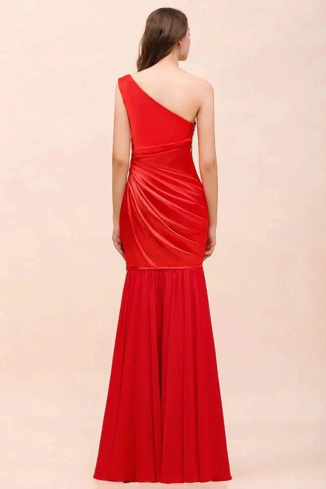 One Shoulder Strech Satin Red Ruffle Bridesmaid Dress Floor Length/Mini Party Dress - Image 4