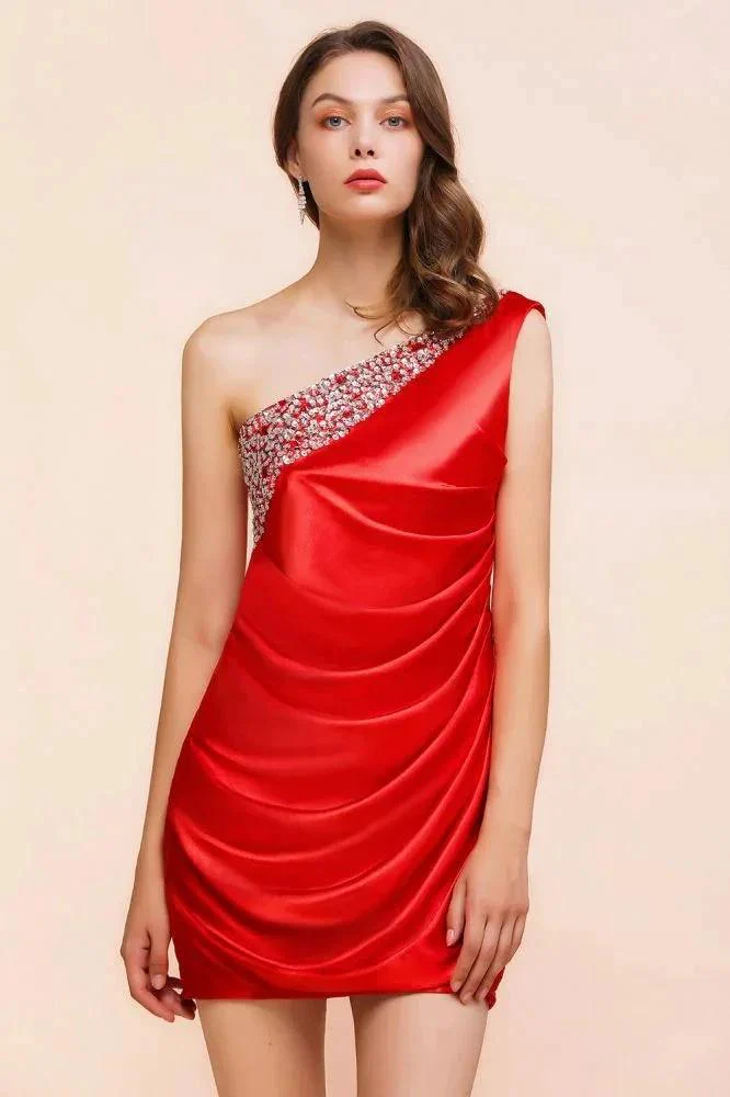 One Shoulder Strech Satin Red Ruffle Bridesmaid Dress Floor Length/Mini Party Dress - Image 8