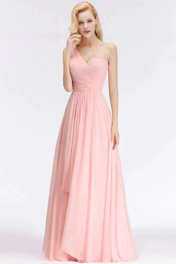 One-shoulder Sweetheart Ruffles Chiffon Bridesmaid Dress Aline Evening Dress - Image 3