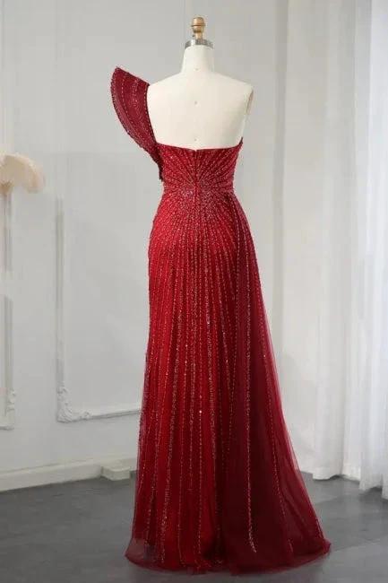 One Shoulder Wine Red High Split Evening Dress with Beadings - Image 2