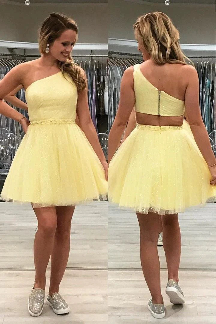 One Shoulder Yellow Chic Tulle Homecoming Dress Cute Graduation Dress PD374 - Image 2