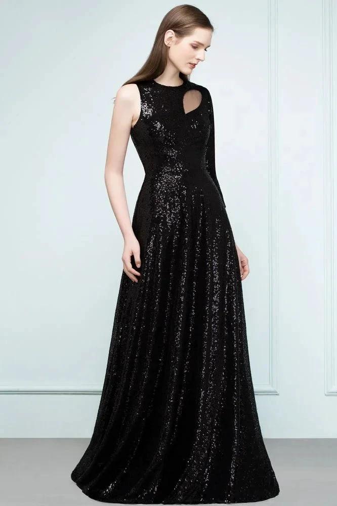 One-sleeve Black A-line Floor Length Sequined Prom Dresses - Image 2