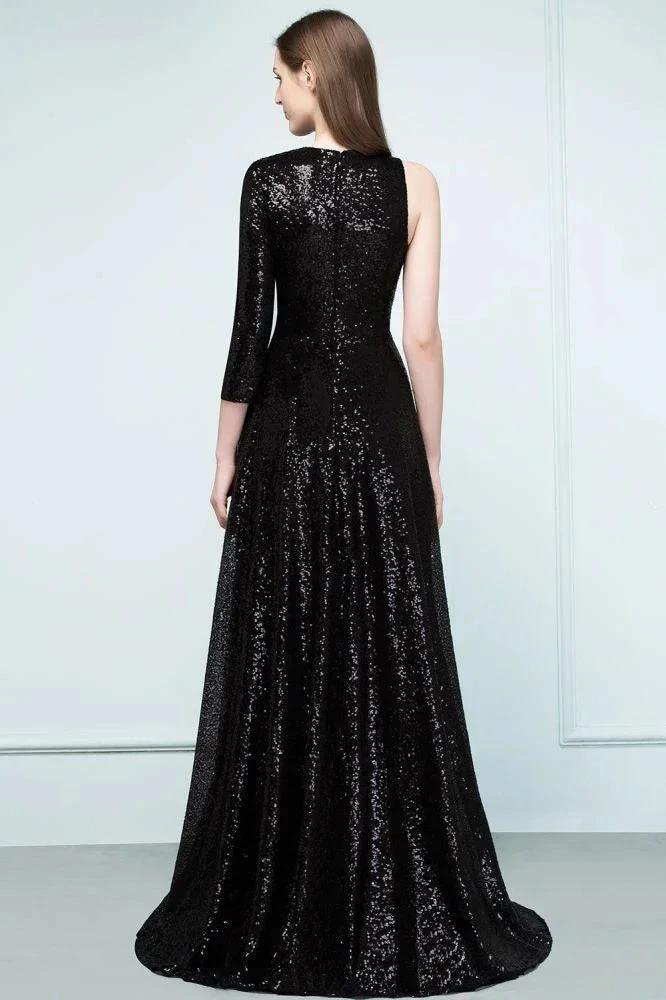 One-sleeve Black A-line Floor Length Sequined Prom Dresses - Image 3