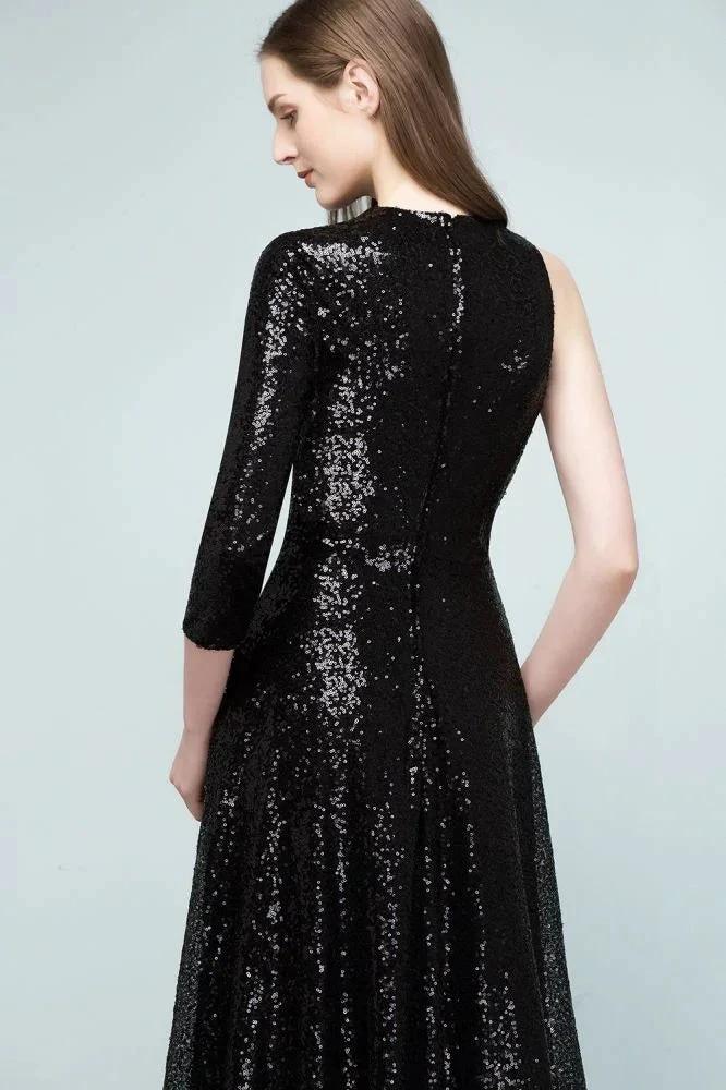 One-sleeve Black A-line Floor Length Sequined Prom Dresses - Image 4