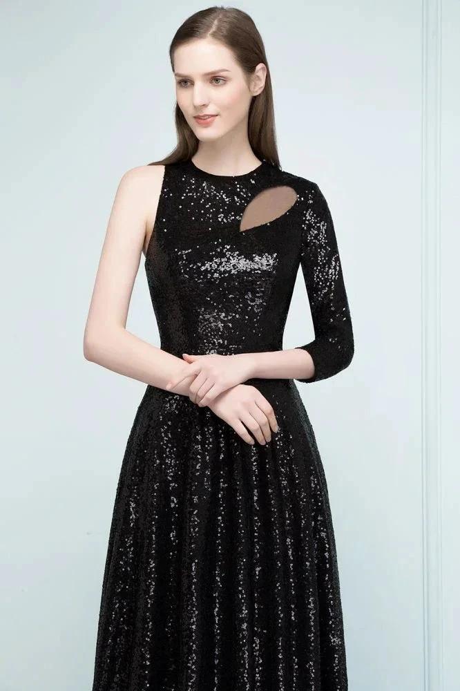 One-sleeve Black A-line Floor Length Sequined Prom Dresses - Image 5