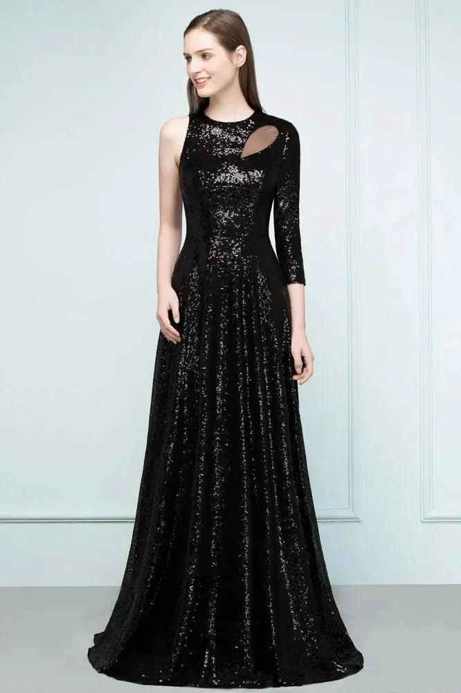 One-sleeve Black A-line Floor Length Sequined Prom Dresses - Image 6