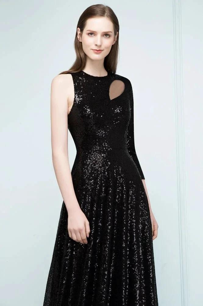 One-sleeve Black A-line Floor Length Sequined Prom Dresses - Image 7