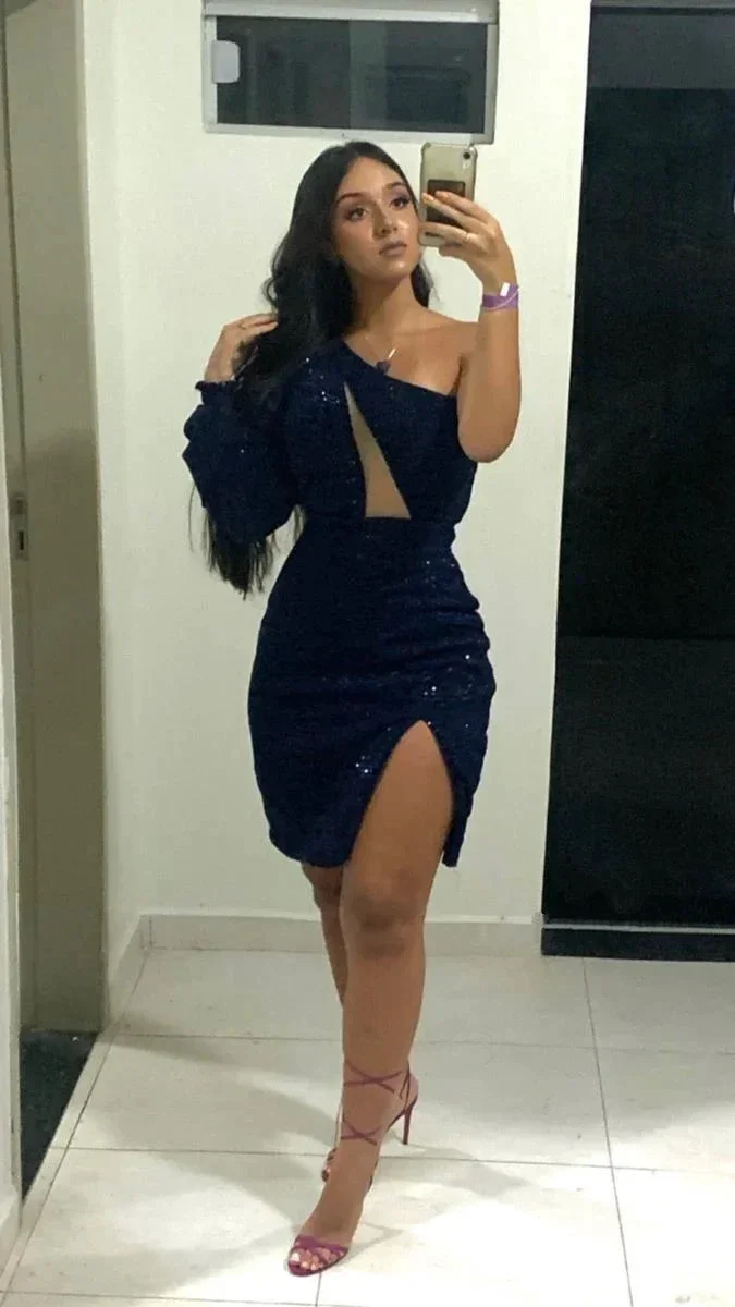 One Sleeve Party Dress Glitter Sequins Homecoming Dress Y5067 - Image 2