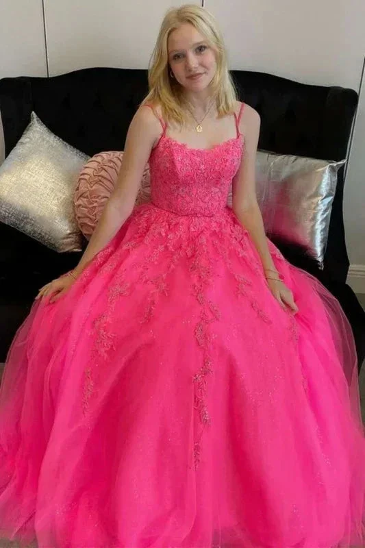Open Back Hot Pink Tulle Lace Long Prom Dresses, Hot Pink Lace Formal Graduation Evening Dresses Y1585 - Image 2