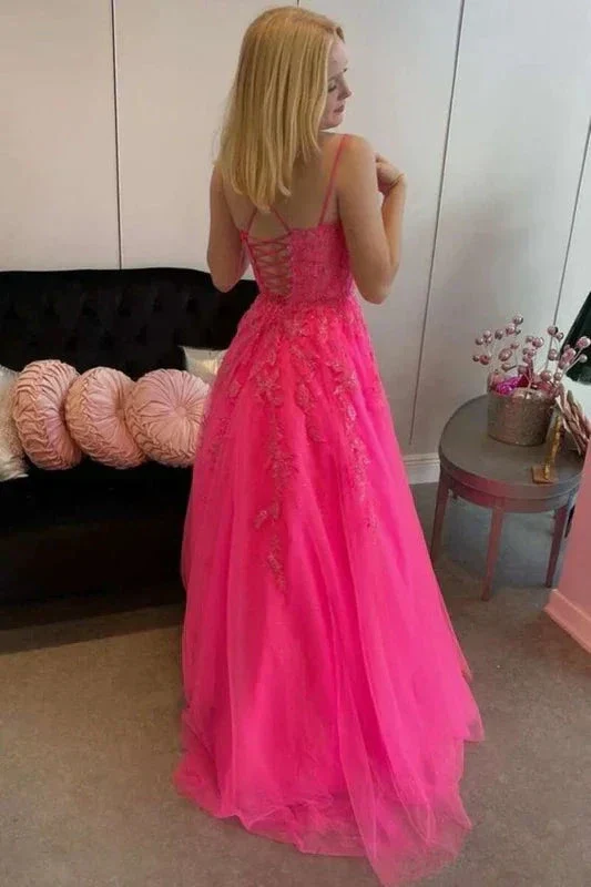 Open Back Hot Pink Tulle Lace Long Prom Dresses, Hot Pink Lace Formal Graduation Evening Dresses Y1585 - Image 3