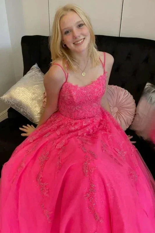 Open Back Hot Pink Tulle Lace Long Prom Dresses, Hot Pink Lace Formal Graduation Evening Dresses Y1585 - Image 4