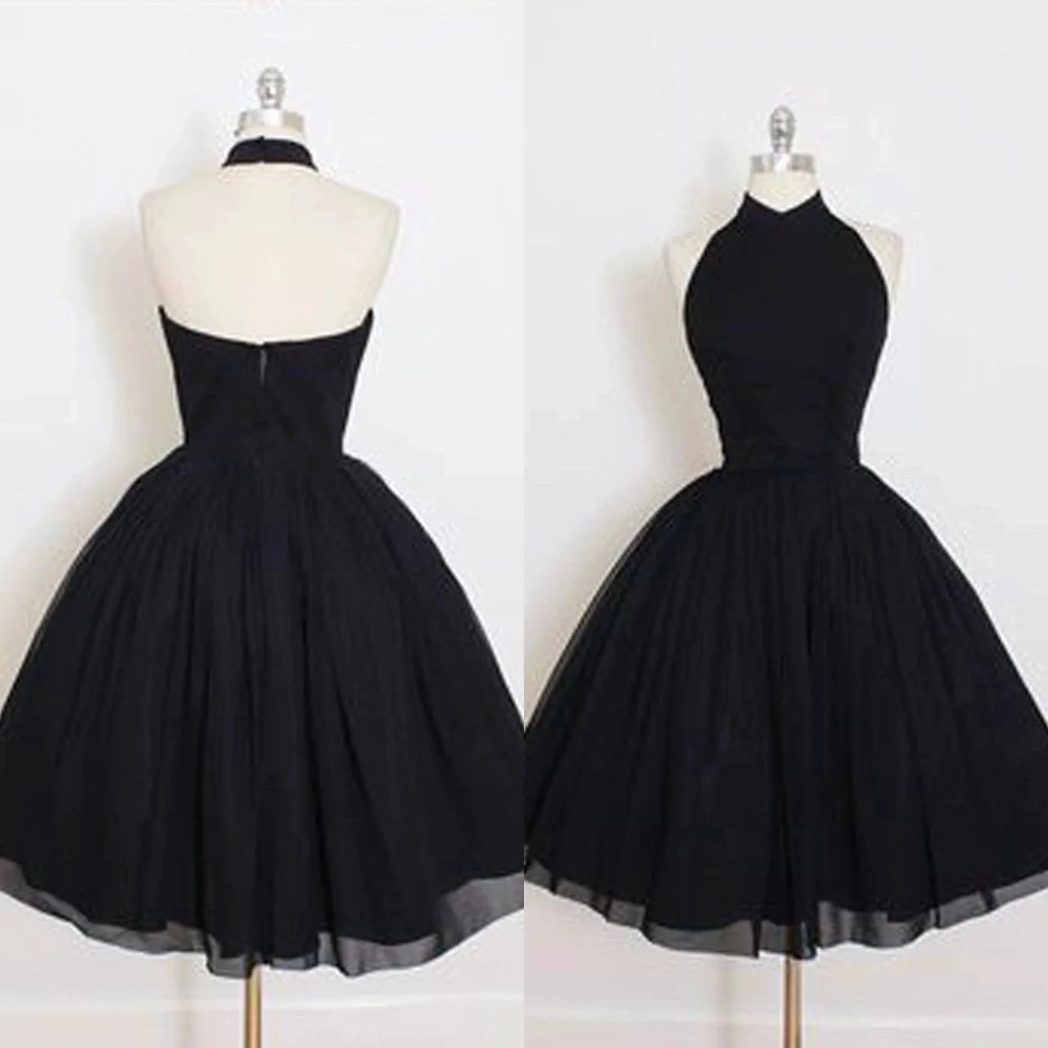 Black Halter A Line Sleeveless Tulle Ball Gown Mid Homecoming Dresses - Image 3