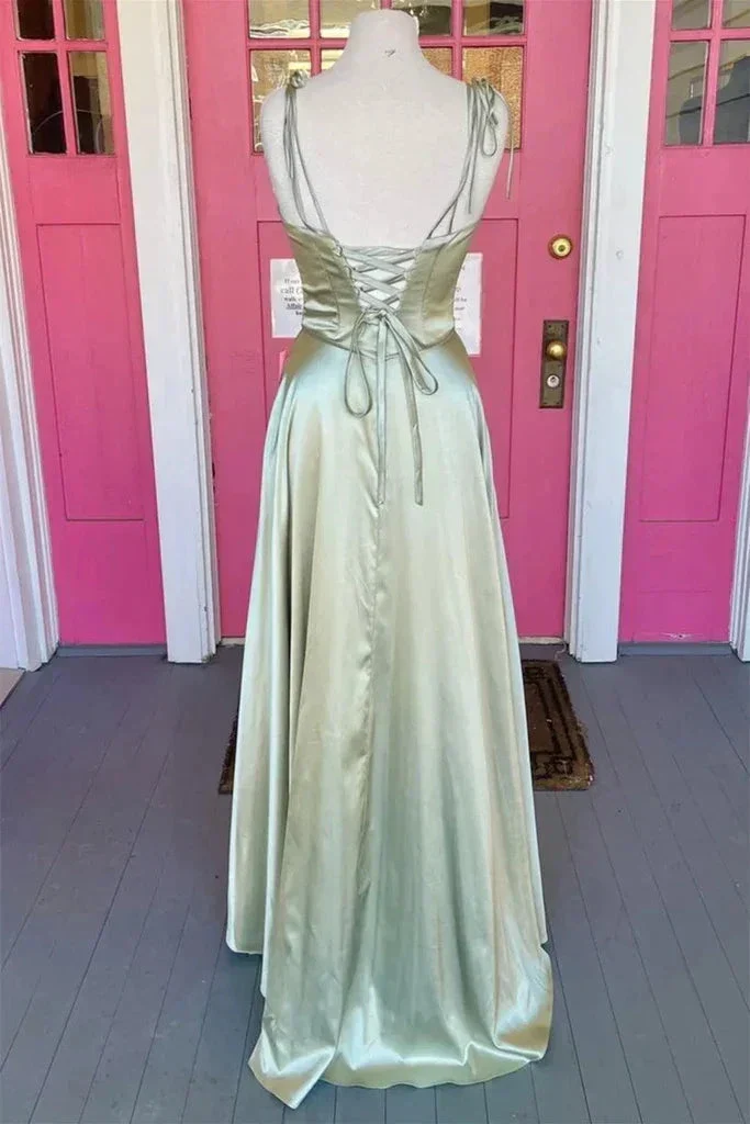 Open Back Sage Satin Long Prom Dress with High Slit, Long Sage Formal Graduation Evening Dress Y207 - Image 2