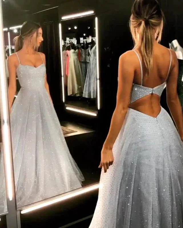Open Back Spaghetti Strap Sequin Prom Dresses Ice Blue Sexy Evening Gowns - Image 2