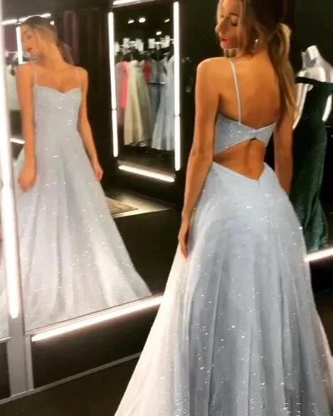 Open Back Spaghetti Strap Sequin Prom Dresses Ice Blue Sexy Evening Gowns - Image 3
