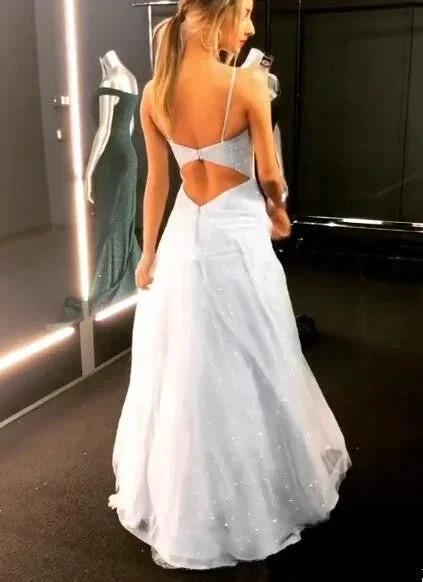 Open Back Spaghetti Strap Sequin Prom Dresses Ice Blue Sexy Evening Gowns - Image 4