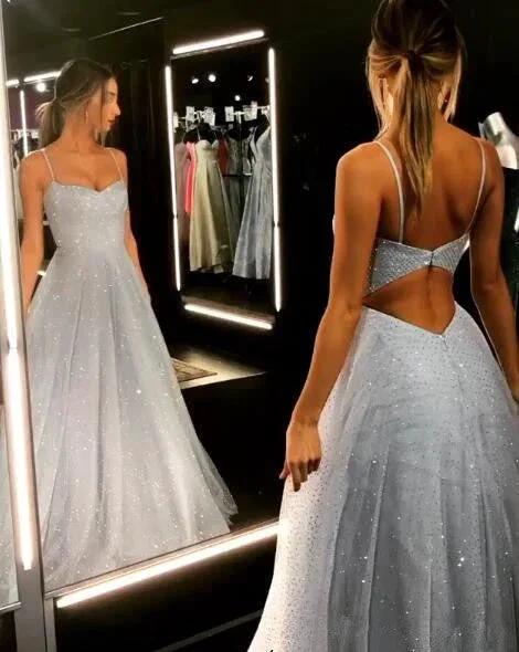 Open Back Spaghetti Strap Sequin Prom Dresses Ice Blue Sexy Evening Gowns - Image 6