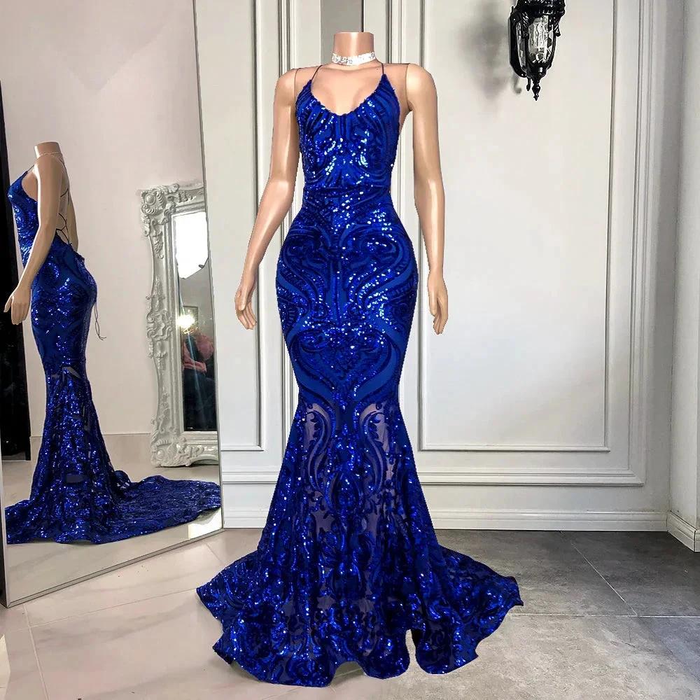 Open Back Spaghetti Straps Mermaid Long Prom Dress With Sequins in Royal Blue - Image 2