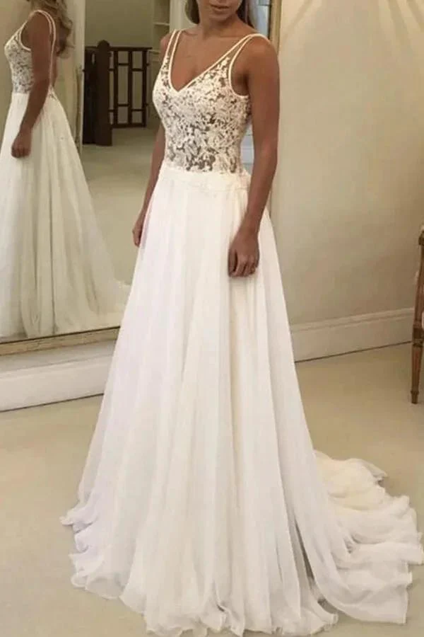 Open Back V-neck Lace Chiffon Wedding Dress - Image 3