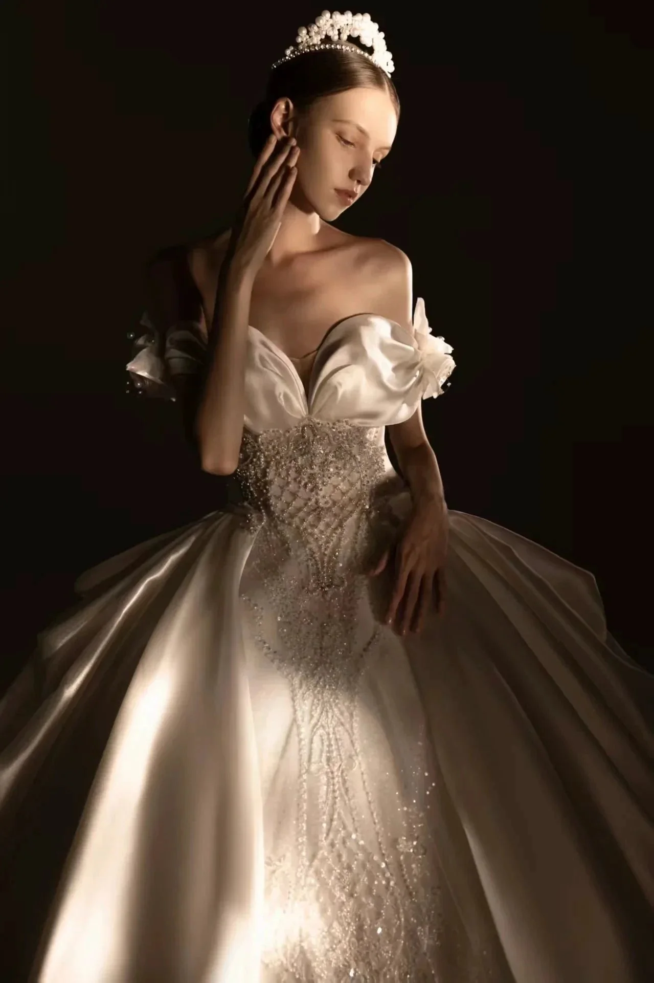 Opulent Ball Gown Off-the-Shoulder Satin Wedding Dress with Sequin Embroidery & Dramatic Train Q6018 - Image 2