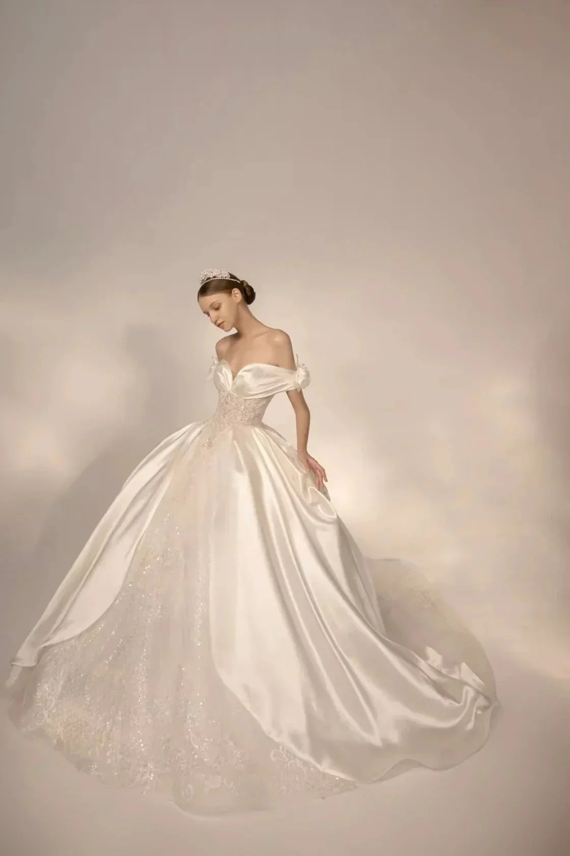 Opulent Ball Gown Off-the-Shoulder Satin Wedding Dress with Sequin Embroidery & Dramatic Train Q6018 - Image 3