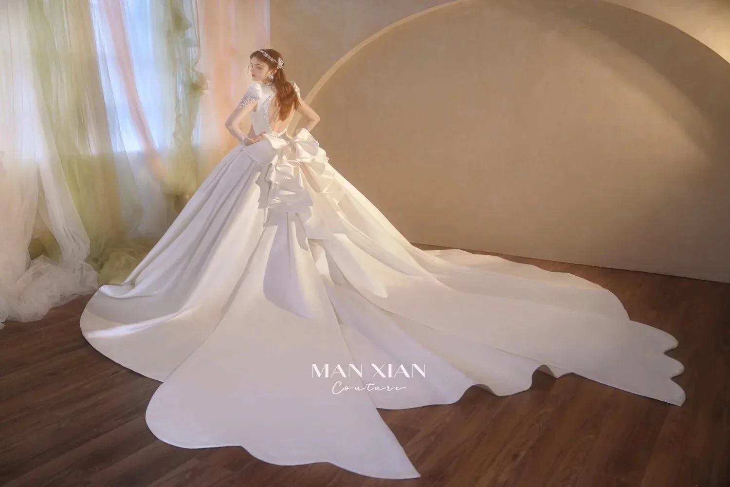 Opulent Ivory V-Neck Satin Ball Gown with Crystal Embroidery, Sheer Sleeves & Keyhole Back Bow A001 - Image 10
