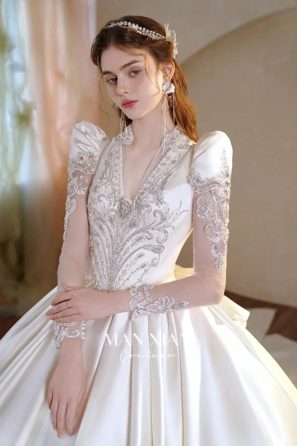 Opulent Ivory V-Neck Satin Ball Gown with Crystal Embroidery, Sheer Sleeves & Keyhole Back Bow A001 - Image 2