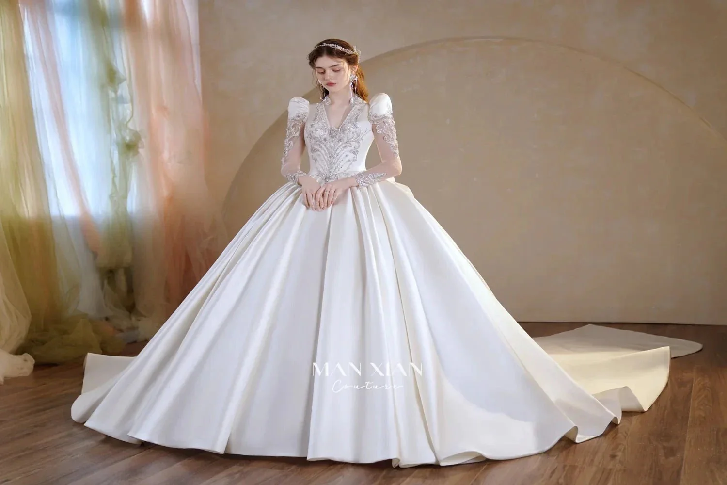Opulent Ivory V-Neck Satin Ball Gown with Crystal Embroidery, Sheer Sleeves & Keyhole Back Bow A001 - Image 3