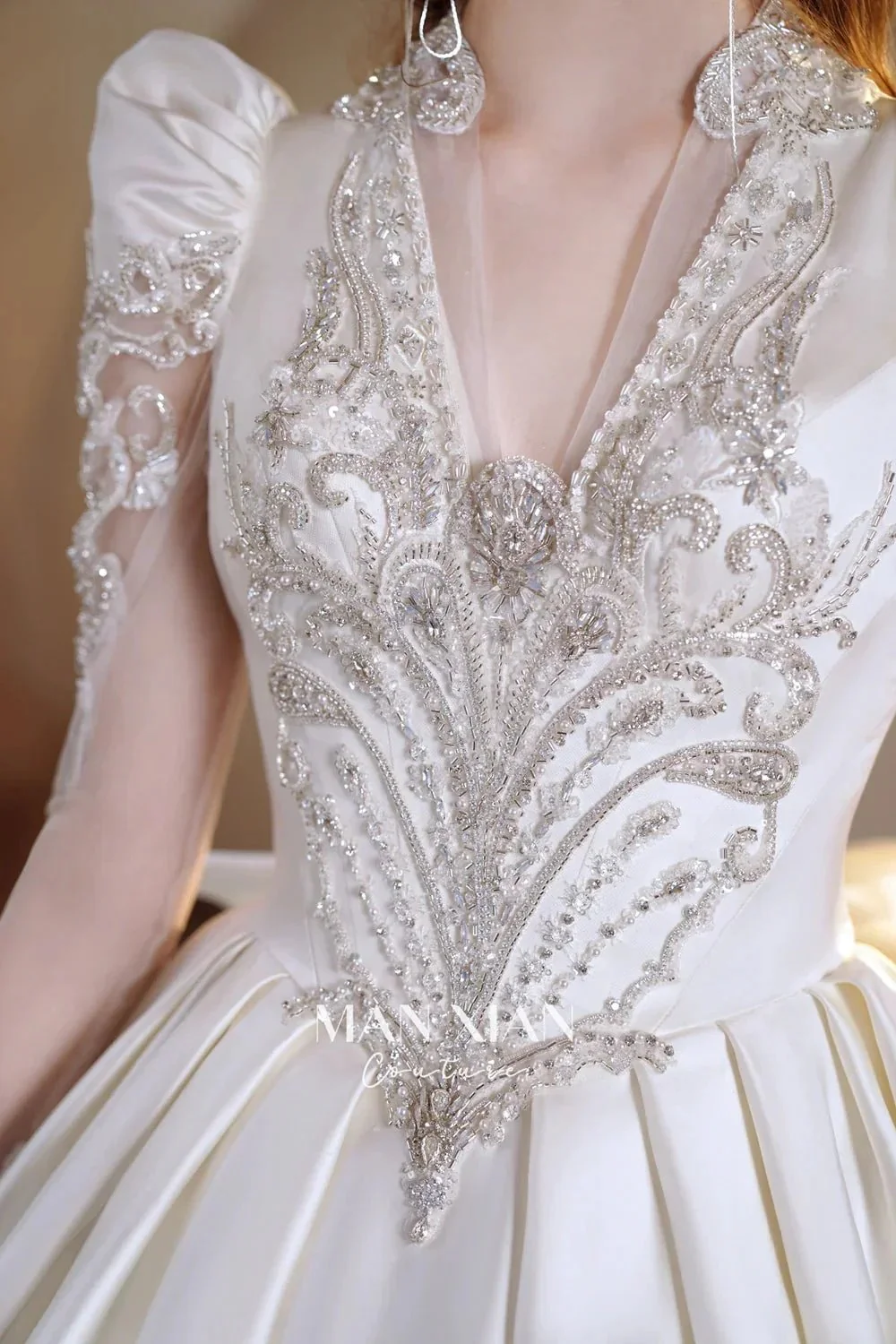 Opulent Ivory V-Neck Satin Ball Gown with Crystal Embroidery, Sheer Sleeves & Keyhole Back Bow A001 - Image 4
