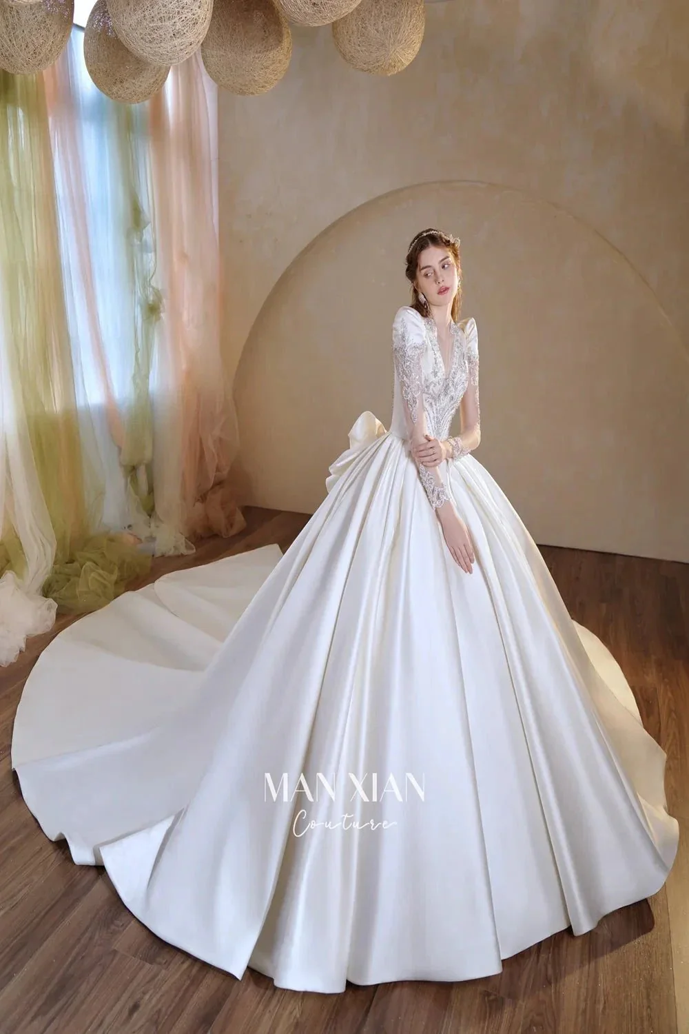 Opulent Ivory V-Neck Satin Ball Gown with Crystal Embroidery, Sheer Sleeves & Keyhole Back Bow A001 - Image 5