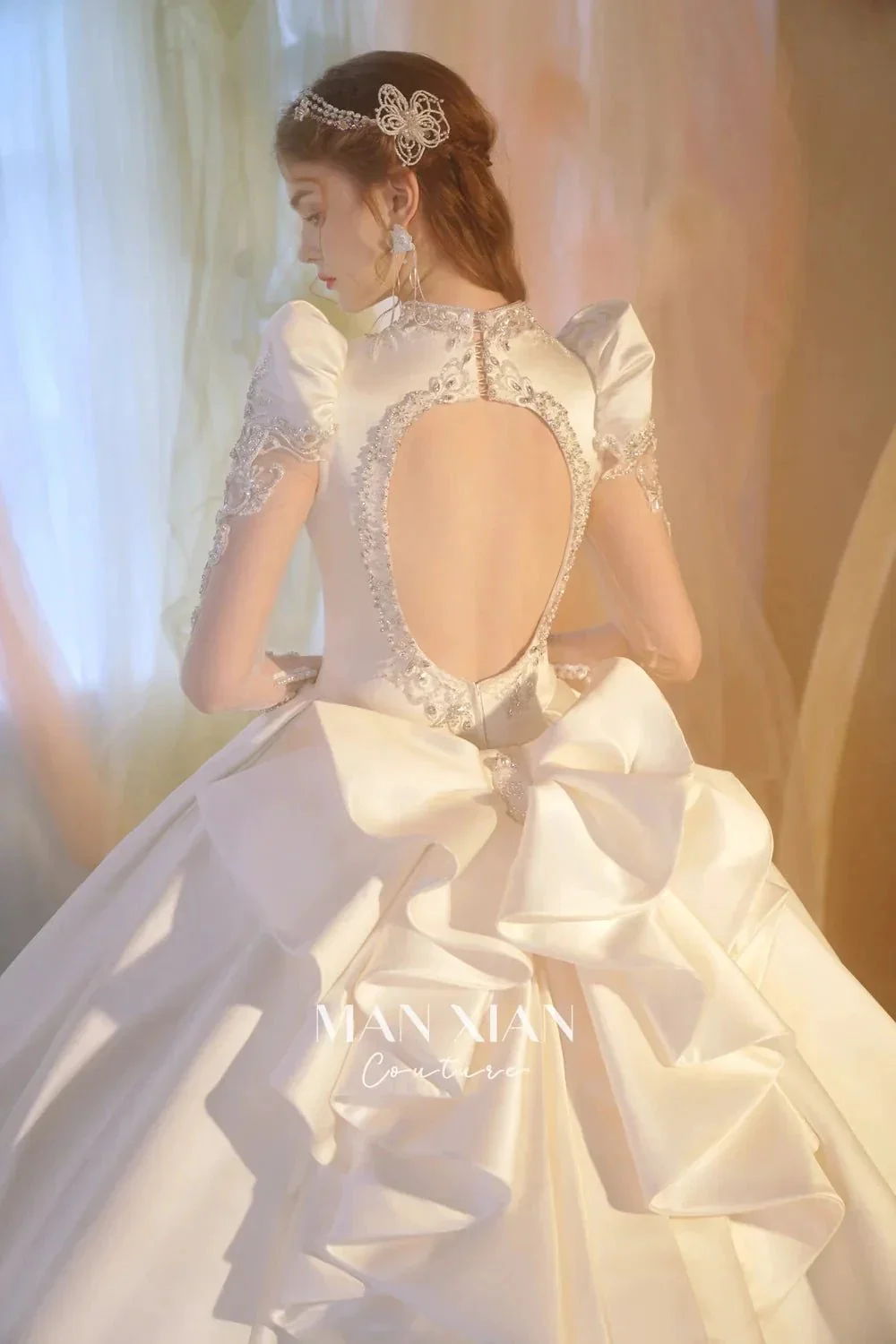Opulent Ivory V-Neck Satin Ball Gown with Crystal Embroidery, Sheer Sleeves & Keyhole Back Bow A001 - Image 6