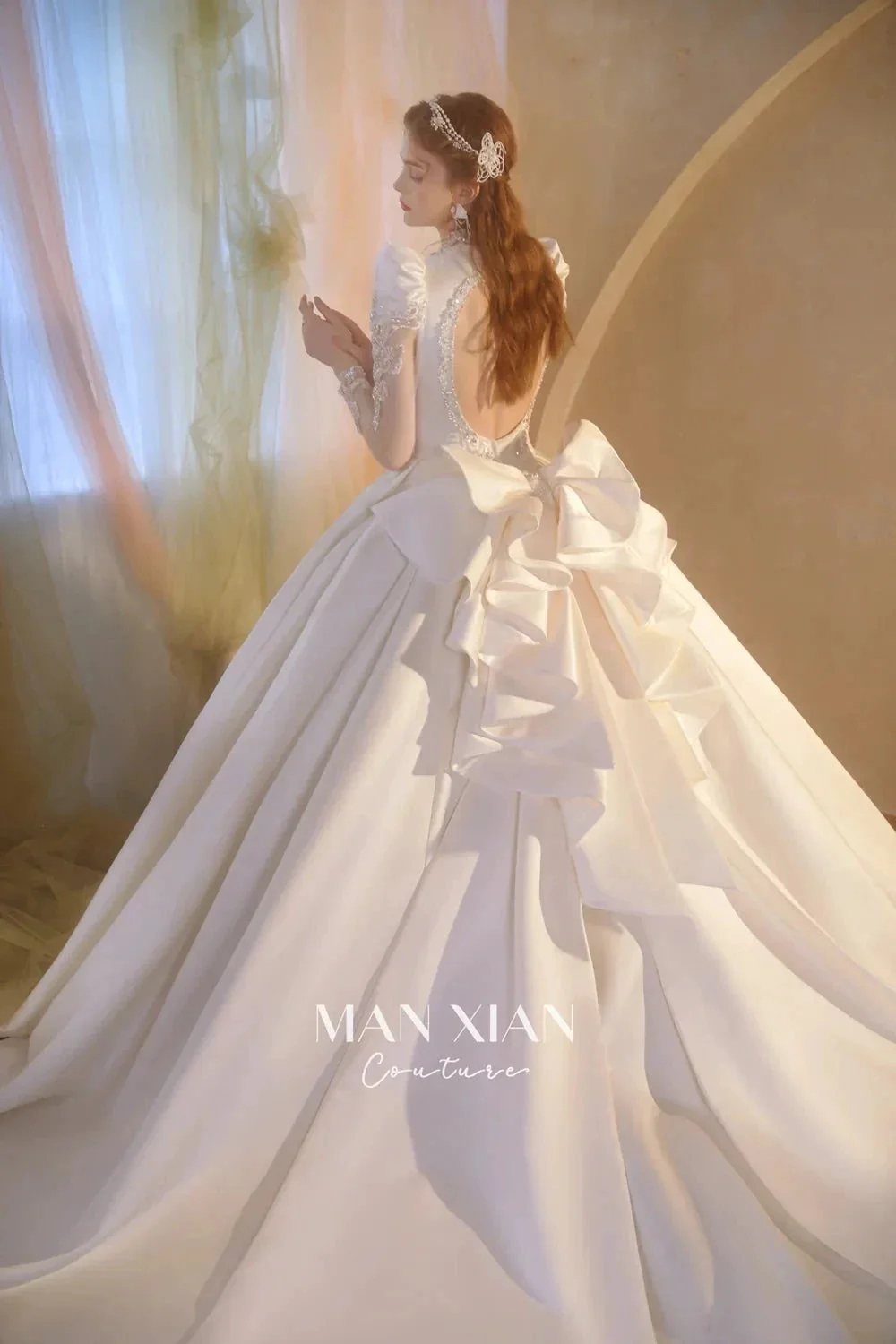 Opulent Ivory V-Neck Satin Ball Gown with Crystal Embroidery, Sheer Sleeves & Keyhole Back Bow A001 - Image 7