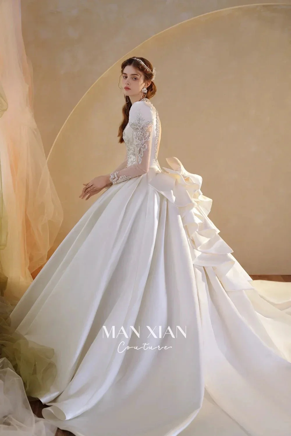 Opulent Ivory V-Neck Satin Ball Gown with Crystal Embroidery, Sheer Sleeves & Keyhole Back Bow A001 - Image 8