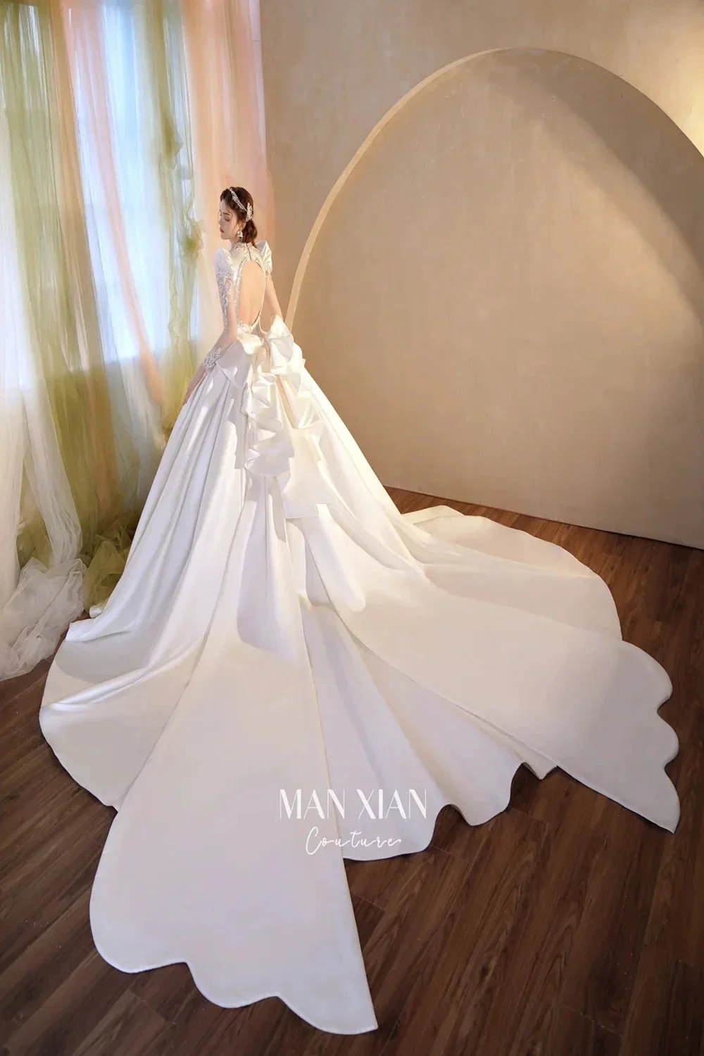 Opulent Ivory V-Neck Satin Ball Gown with Crystal Embroidery, Sheer Sleeves & Keyhole Back Bow A001 - Image 9