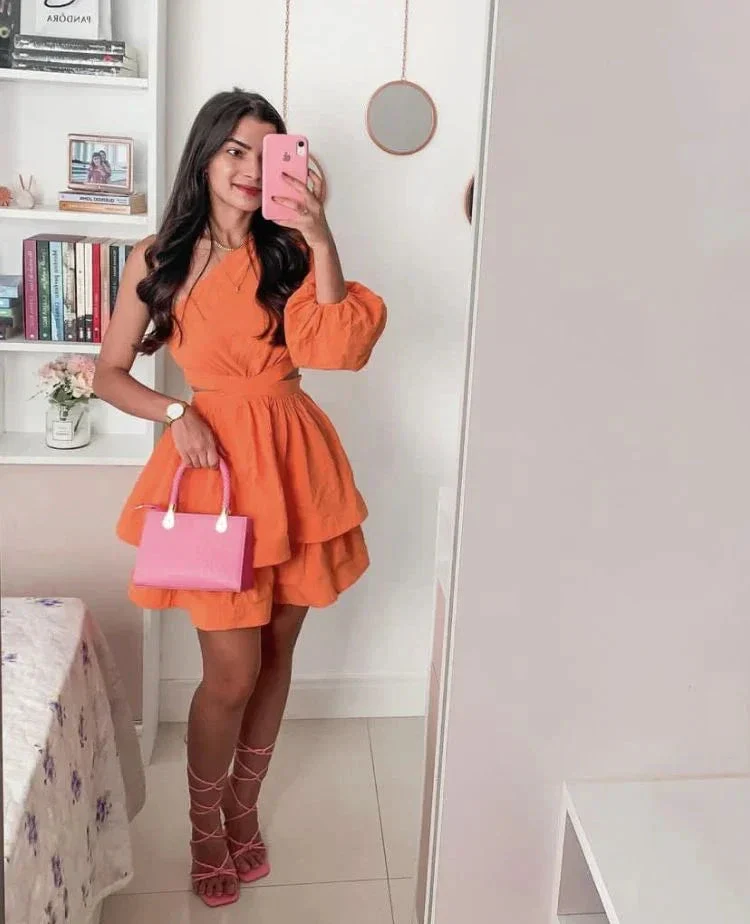Orange A-line One Sleeve Homecoming Dress 18th Birthday Party Dress Y5497 - Image 2