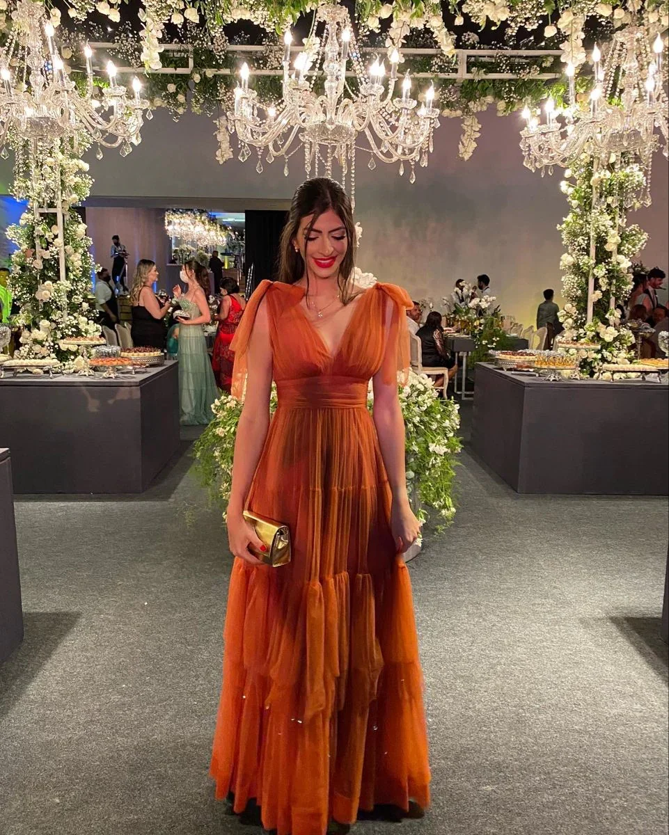 Orange Elegant V Neck Long Evening Dress Wedding Guest Dress Y5065 - Image 2