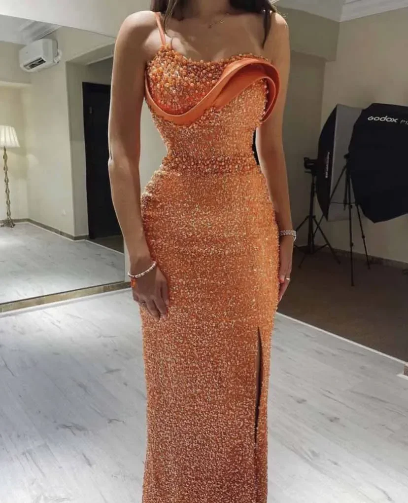 Orange Evening Dress Spaghetti Strap Pearls Beaded Sequin Lace Straight Dresses Y6648 - Image 2
