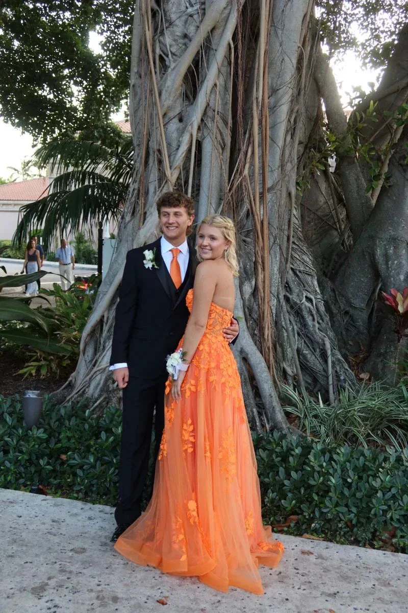 Orange Lace Appliques Prom Dress Illusion Sweetheart Strapless Tulle A Line Sweep Train Evening Gowns Graduation Party Y4167 - Image 2