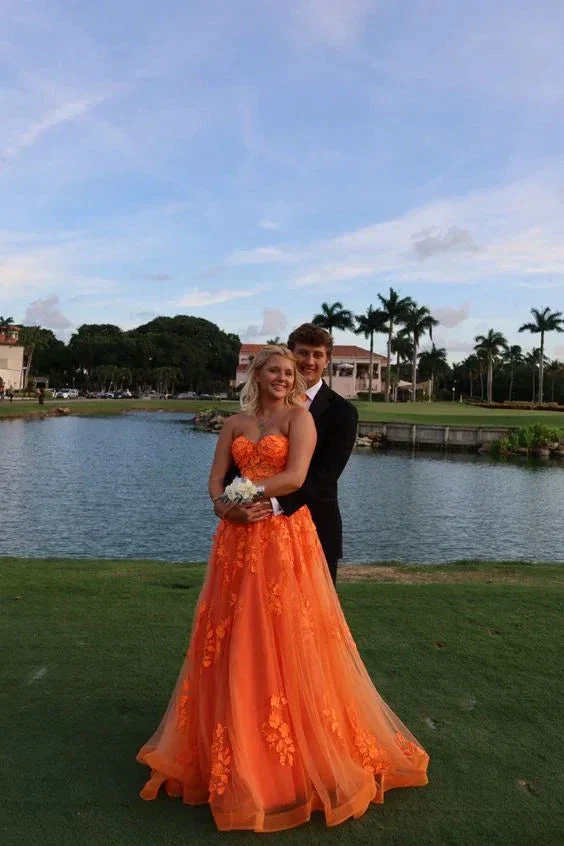 Orange Lace Appliques Prom Dress Illusion Sweetheart Strapless Tulle A Line Sweep Train Evening Gowns Graduation Party Y4167 - Image 3