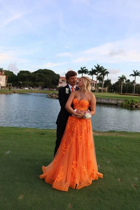Orange Lace Appliques Prom Dress Illusion Sweetheart Strapless Tulle A Line Sweep Train Evening Gowns Graduation Party Y4167 - Image 4